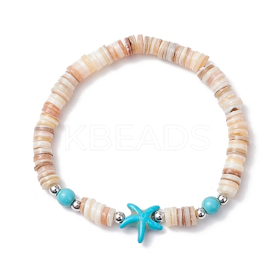 Natural Freshwater Shell with Synthetic Turquoise Beads Stretch Bracelets for Men Women BJEW-JB11745-01-1