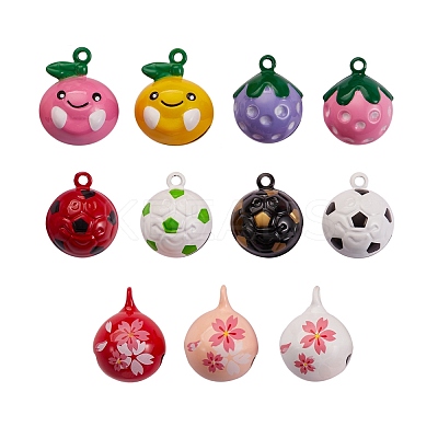 11Pcs 11 Style Christmas Baking Paint Brass Bell Pendants KKB-SZ0001-02-1