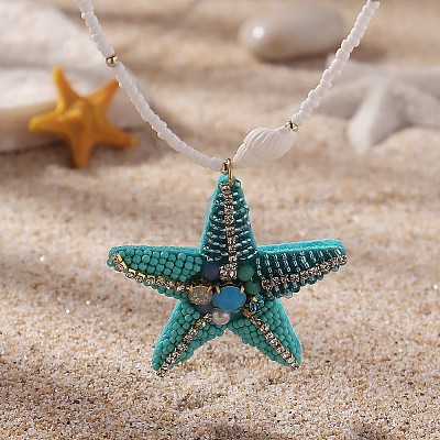 Ocean Starfish Cloth Shell with Rhinestone Pendant White Glass Beaded Necklaces for Women FS-WGEED08-01-1