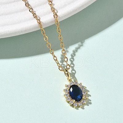 Brass Pave Clear and Blue Cubic Zirconia Oval Pendant 304 Stainless Steel Chain Necklaces for Women NJEW-D341-09G-1