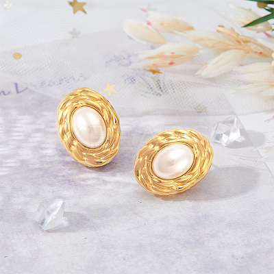 1 Pair ABS Plastic Pearl Oval Stud Earrings EJEW-FI0002-21-1