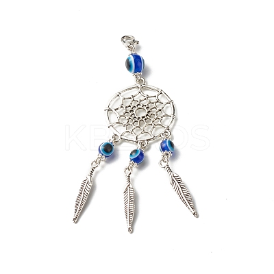 Tibetan Style Alloy Flat Round Net/Web & Feather Pendants HJEW-JM00543-01-1
