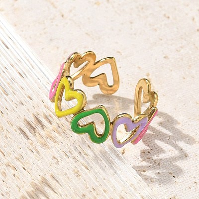 Heart 304 Stainless Steel Enamel Open Cuff Rings for Women RJEW-U034-01G-01-1
