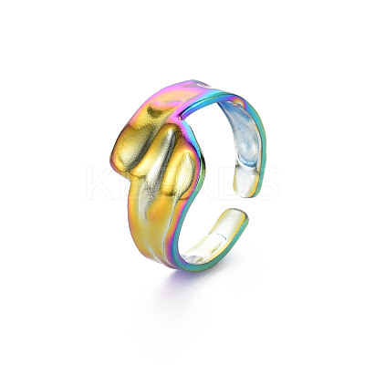 Rainbow Color 304 Stainless Steel Irregular Wide Band Open Cuff Ring for Women RJEW-N038-049M-1