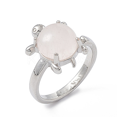 Natural Rose Quartz Turtle Open Cuff Ring RJEW-P082-01P-24-1