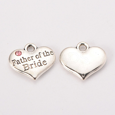 Wedding Theme Antique Silver Tone Tibetan Style Alloy Heart with Father of the Bride Rhinestone Charms TIBEP-N005-19D-1