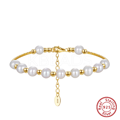 Natural Pearl & 925 Sterling Silver Curved Tube Beaded Bracelet BJEW-Z025-01G-1