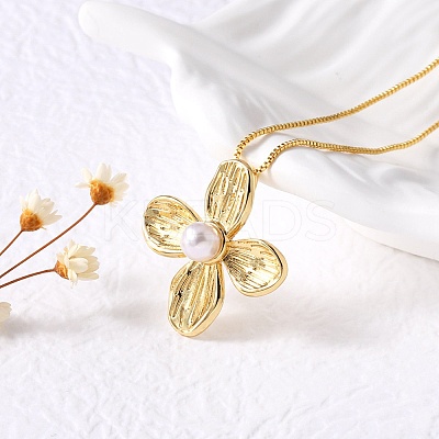 Flower Brass Shell Pearl Pendant Necklaces for Women LS-NJEW-S385-06A-G-1