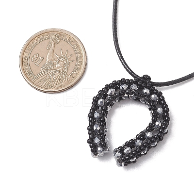 Cowboy Electroplate Transparent Glass Beaded Horseshoe Pendant Waxed Cotton Cord Necklaces NJEW-MZ00139-1