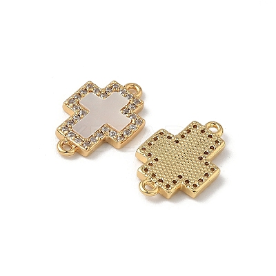 Brass Micro Pave Clear Cubic Zirconia and Natural Shell Cross Connector Charms KK-Z115-09G-1