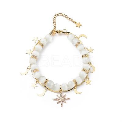 Cat Eye Round Beaded & Brass Link Chain Multi-strand Bracelet BJEW-JB08791-1
