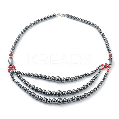 Non-Magnetic Synthetic Hematite & Turquoise Beades 3 Layer Necklaces NJEW-H307-01A-1
