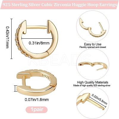 1 Pair 925 Sterling Silver with Clear Cubic Zirconia Hoop Earrings EJEW-BBC0001-37G-1