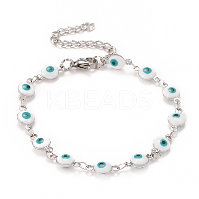 Enamel Oval with Evil Eye Link Chains Bracelet BJEW-P271-04P-02-1