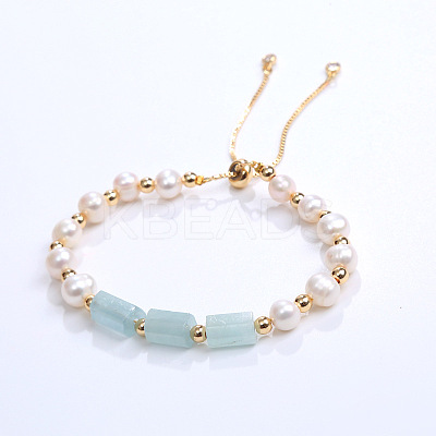 Natural Aquamarine & Plastic Imitation Pearl Bead Slider Bracelets AT8786-1-1