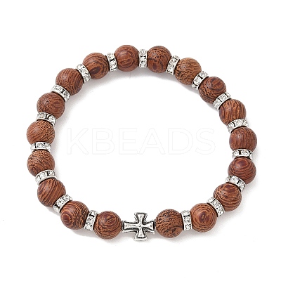 Natural Dracaena Drac Wood Round Beadeed Stretch Bracelets Sets for Men Women BJEW-JB12355-01-1