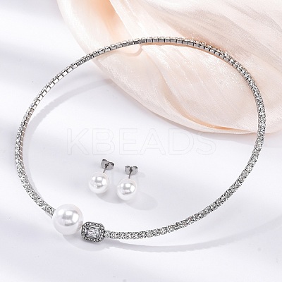 Round Plastic Imitation Pearl Stud Earrings & Rectangle Cubic Zirconia Rhinestone Cuff Choker Necklaces Sets SJEW-U003-06P-1