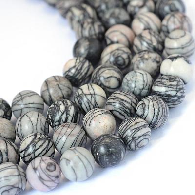 Natural Black Silk Stone/Netstone Round Bead Strands G-E334-6mm-05-1