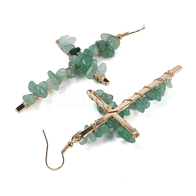 Natural Aventurine Cross Dangle Earrings EJEW-Z071-01G-02-1