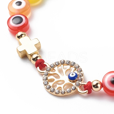 Evil Eye Resin Bead & Eye/Hamsa Hand/Flat Round Alloy Rhinestone Braided Beaded Bracelets for Girl Women BJEW-JB08742-1
