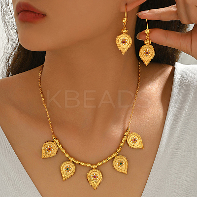Bohemian Brass Micro Pave Cubic Zirconia Teardrop Charm Necklace & Earrings Sets for Women OD4014-1