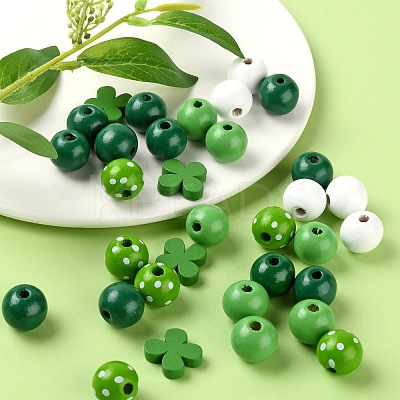 160Pcs 5 Style Irish Theme Painted Natural Wood Beads X1-WOOD-LS0001-48-1