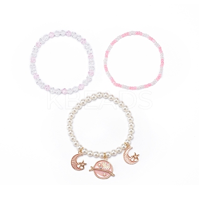 3Pcs 3 Style Shell Pearl & Glass Seed Beaded Stretch Bracelets Set BJEW-JB08705-02-1