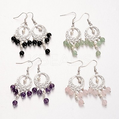 Flat Round Tibetan Style Alloy Natural Gemstone Chandelier Earrings EJEW-JE01883-1