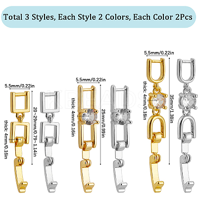 12Pcs 6 Styles Rack Plating Brass Micro Pave Clear Cubic Zirconia Fold Over Clasps KK-SC0005-94-1