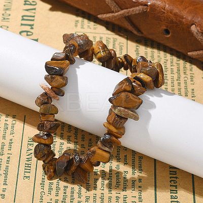 Unisex Chip Natural Tiger Eye Beaded Stretch Bracelets X-BJEW-S143-02-1