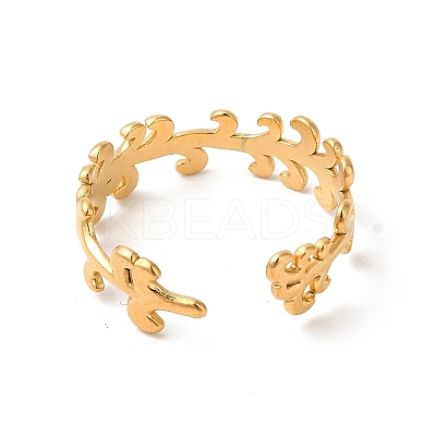 Ion Plating(IP) 304 Stainless Steel Leafy Branch Open Cuff Ring for Women RJEW-E063-21G-1
