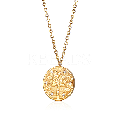 Stylish 304 Stainless Steel Crystal Rhinestone Flat Round with Tree Pendant Necklaces for Women LS-LJ7158-2-1