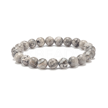 Natural Map Stone/Picasso Stone/Picasso Jasper Round Beaded Stretch Bracelet BJEW-JB07874-1