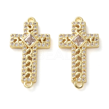 Rack Plating Brass Cubic Zirconia Religion Cross Connector Charm KK-C084-11B-G-1