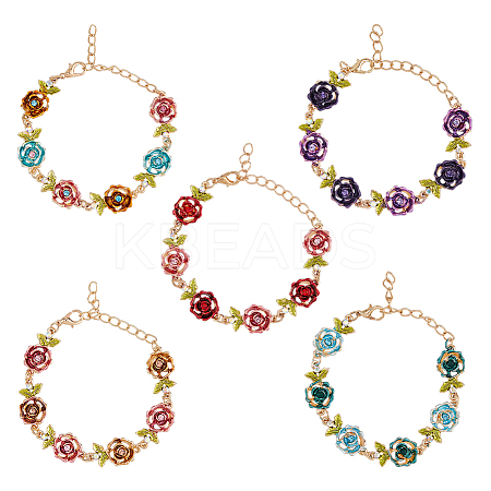 5Pcs 5 Colors Alloy Rose Link Chain Bracelets Set with Rhinestone BJEW-FI0001-63-1