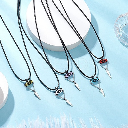 Cylinder Seed Beaded Evil Eye & Alloy Pyramid Cone Pendant Necklaces NJEW-MZ00105-1