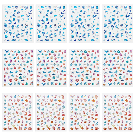 12 Sheets 3 Style Waterproof Ocean Theme PET Nail Art Stickers STIC-OC0001-05-1