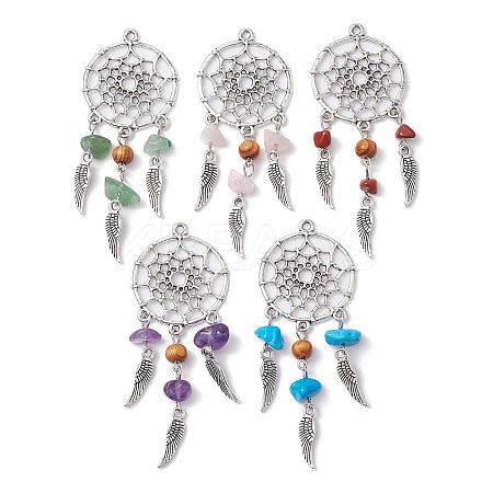5Pcs 5 Styles Natural Mixed Gemstone Chip Big Pendants with Round Wood Beads PALLOY-JF02291-S-1