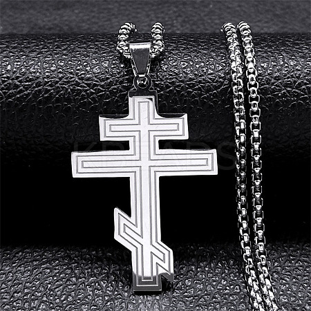 Russian Orthodox Cross 201 Stainless Steel Pendant Box Chain Necklaces NJEW-C104-01A-P-1