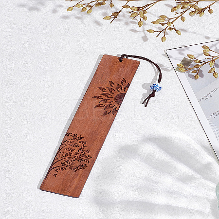 1Pc Rectangle Handmade Natural Wooden Carving Bookmarks with Rope Pendant AJEW-LP0004-27B-1