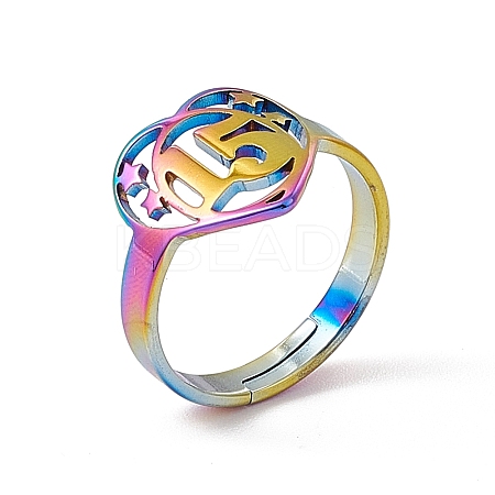 Ion Plating(IP) 201 Stainless Steel Heart with Number 15 Adjustable Ring for Women RJEW-C045-12M-1