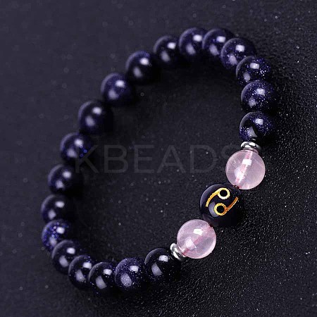 Cancer Round Synthetic Blue Goldstone & Natural Rose Quartz Stretch Bracelets for Women Men EA3132-6-1