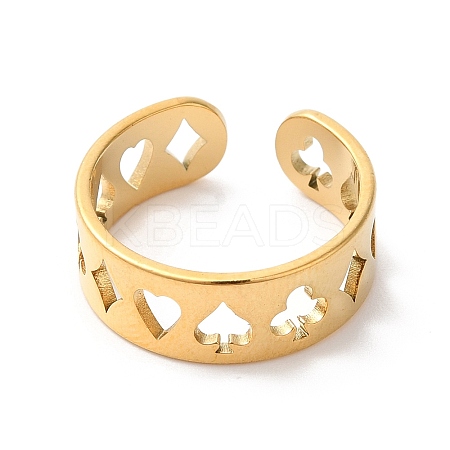 Spade & Club & Heart & Diamond Ion Plating(IP) 304 Stainless Steel Open Cuff Ring for Women RJEW-K245-47G-1