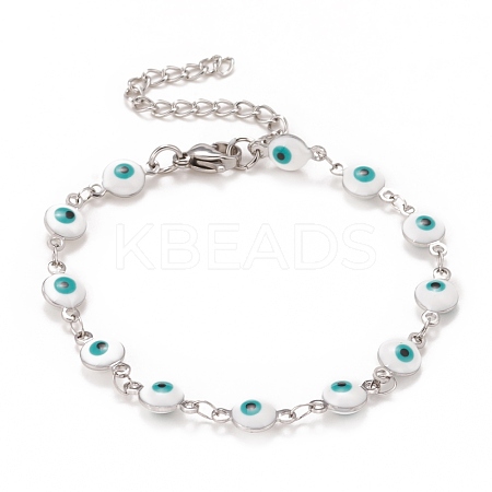 Enamel Oval with Evil Eye Link Chains Bracelet BJEW-P271-04P-02-1