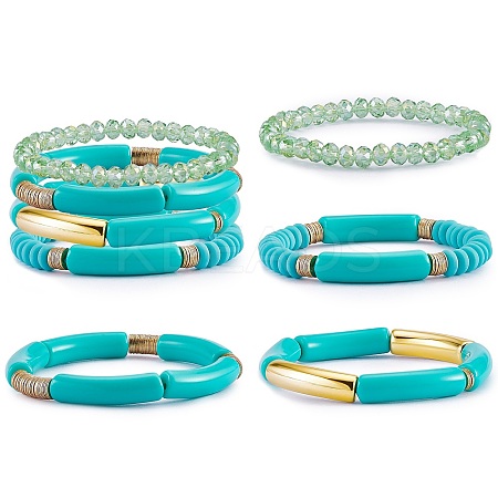 4Pcs 4 Style Acrylic Chunky Curved Tube Stretch Bracelet Sets BJEW-SW00074-07-1