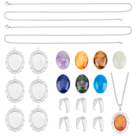 DIY Natural Mixed Stone Oval Pendant Necklace Making Kit DIY-UN0003-11-1