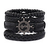 4Pcs 4 Styles Wood Beads Stretch Braceletas & Alloy Artificial Leather Cord Bracelet Sets for Men FS-WG9743B-08-1