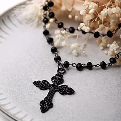 Halloween Alloy & Acrylic Round Beads Link Chain Cross Pendant Double Layer Necklaces for Women LS-NJEW-K294-02EB-1
