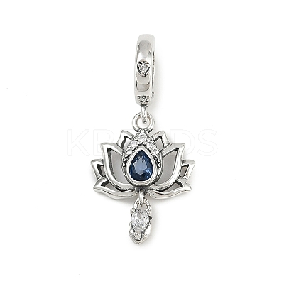 925 Sterling Silver Pave Marine Blue Cubic Zirconia Lotus Flower European Dangle Charms KK-P324-12P-1