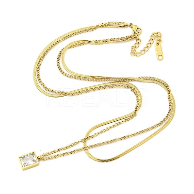 Ion Plating(IP) 304 Stainless Steel Pave Clear Cubic Zirconia Column Double Layer Rectangle Pendant Necklaces LS-NJEW-S426-03G-1